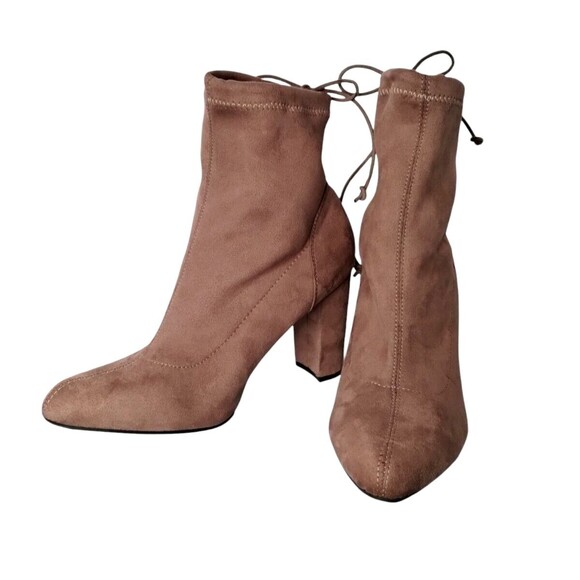 Bamboo Tan Suede Tie Up Platform Booties 10 - Picture 3 of 7